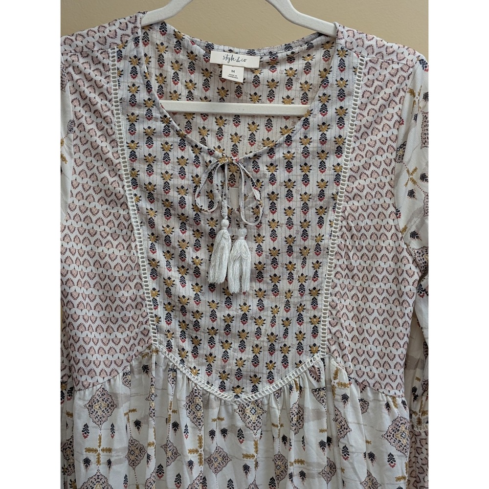 Style & Co Peplum Boho Peasant Blouse M Bell Sleeve Tassel Tie Mixed Print Indie - Picture 9 of 14
